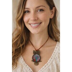 Bronze Owl Tree Of Life Pendant Necklace Leather Cord Boho Glass Art Cabochon